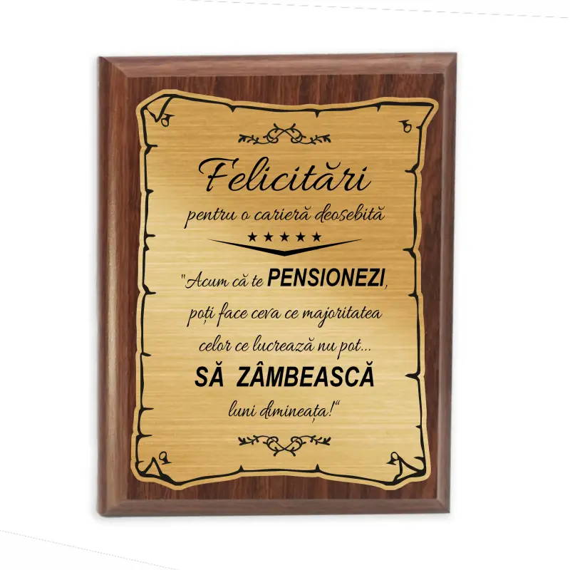 Felicitari pentru o cariera deosebita, placheta lemn personalizata prin gravura